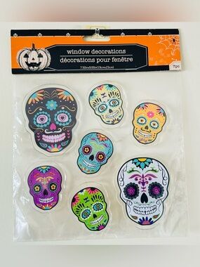 NWT Halloween Sugar Skulls Window Sticker Decoration 7 Pcs Set Día de Muertos